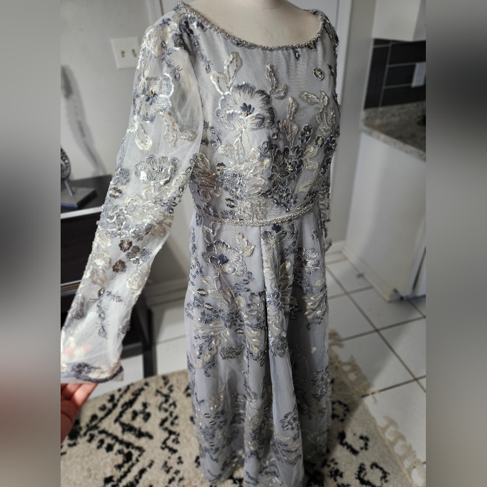 Mac Duggal Silver and Blue Embroidered Dress